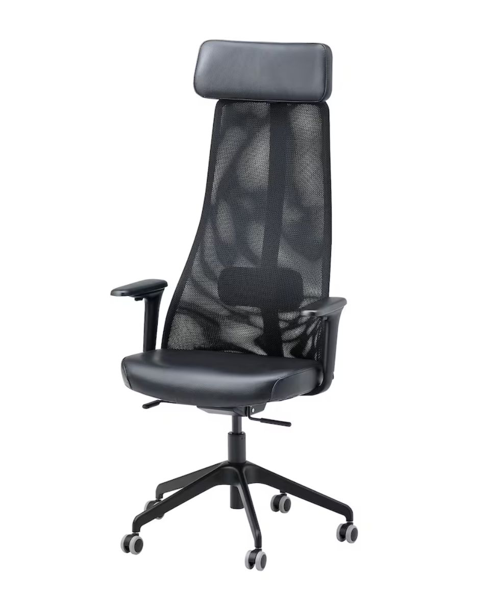 Ergonomic office chair with a mesh backrest, headrest, and armrests on wheels