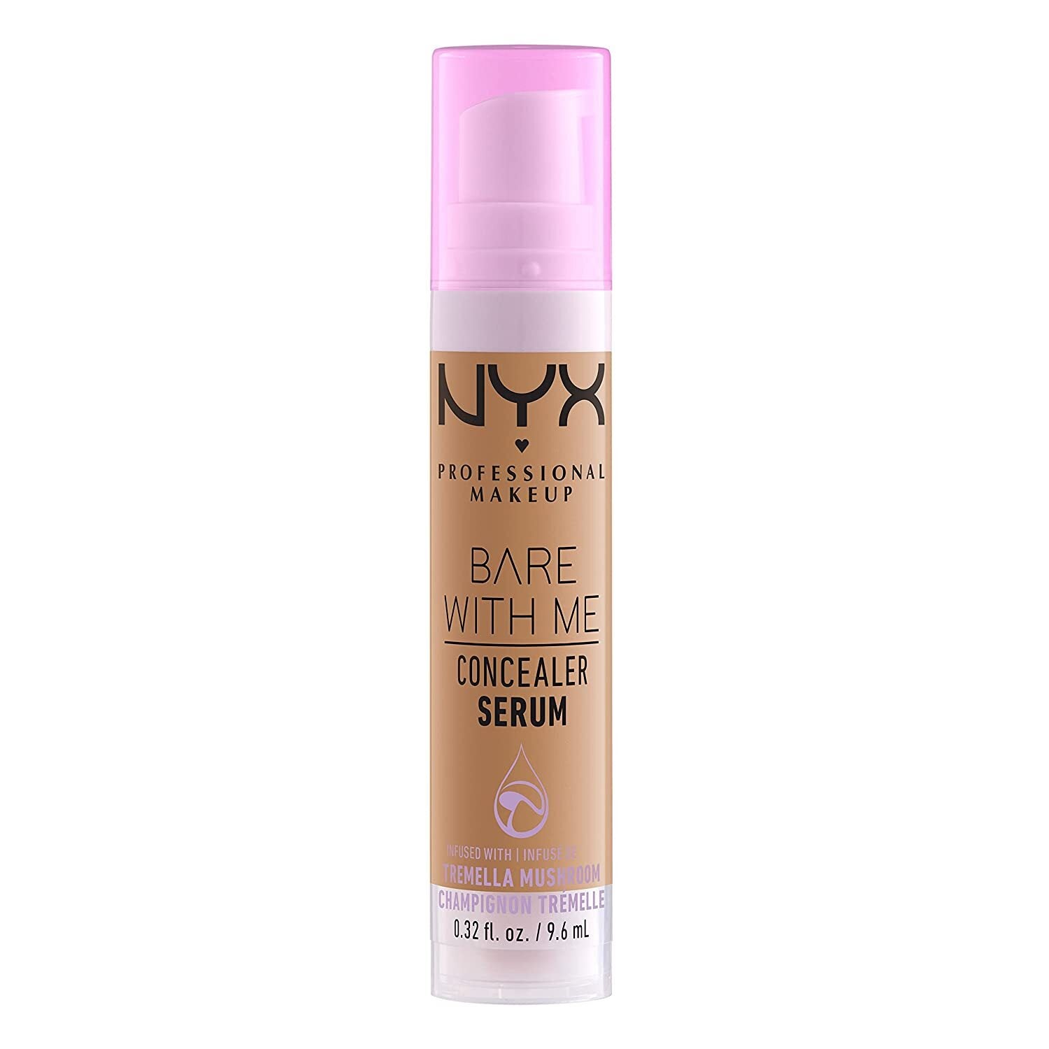 NYX Bare With Me Concealer Serum vessel with a pinkish cap, featuring Tremella mushroom extract for hydration