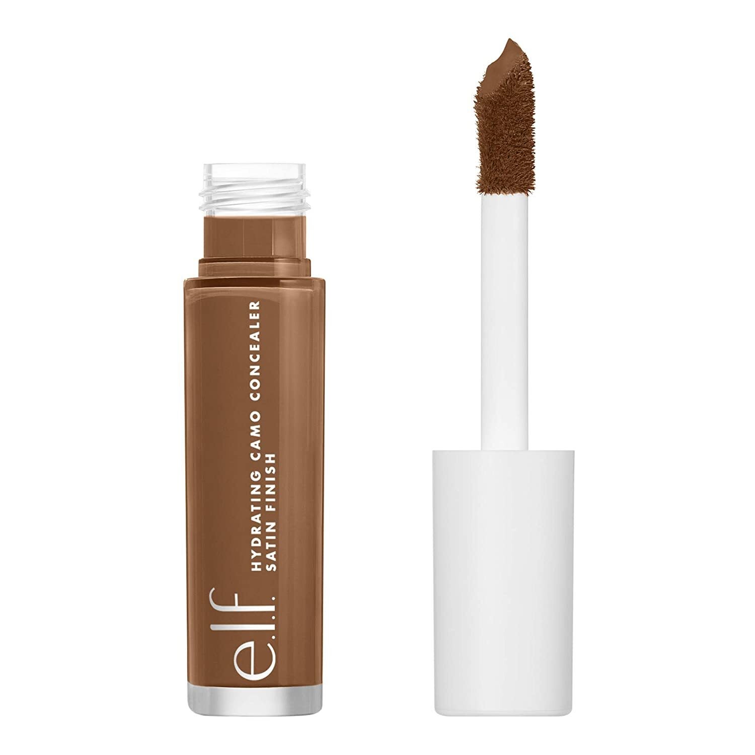 e.l.f. Hydrating Camo Concealer with satin finish, shown with applicator wand beside the opened tube