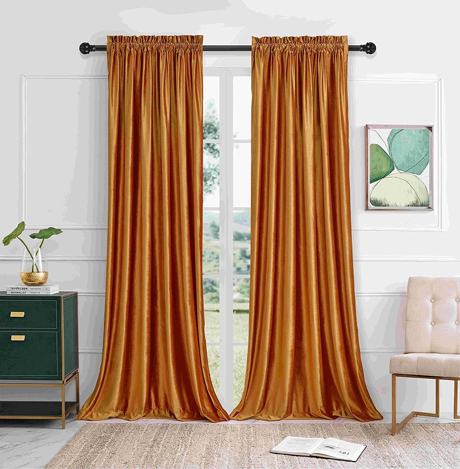 Elegant satin curtains hung successful  a agleam  room, with a greenish  cabinet, plant, and abstract artwork nearby