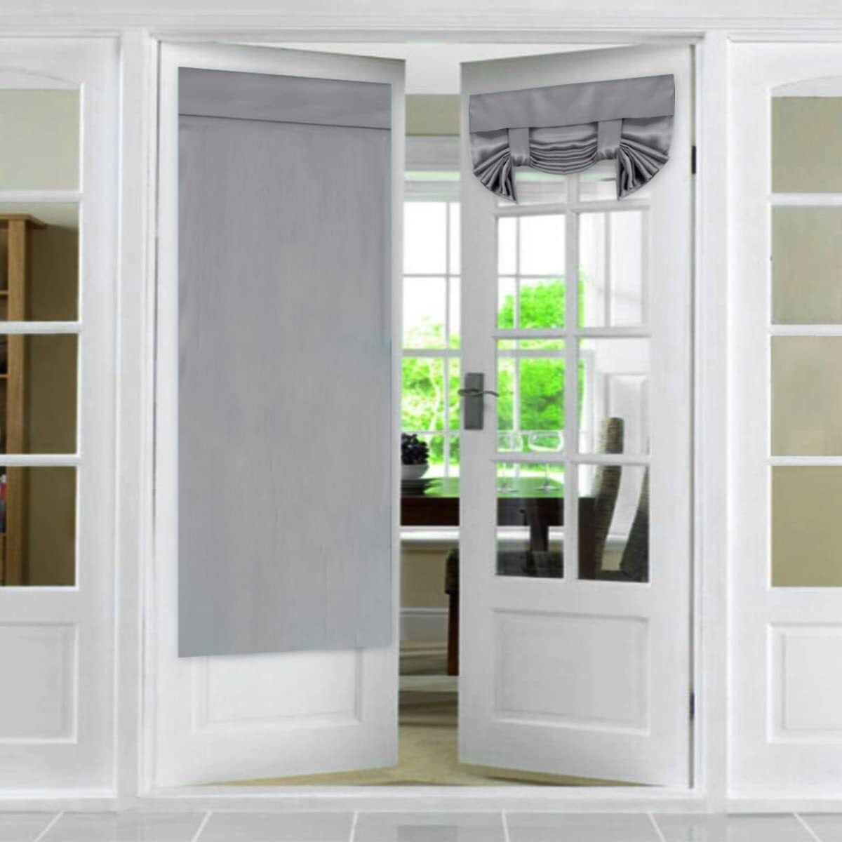 French doors with grey  curtain panels and valance, showcasing a modern   location  decor style