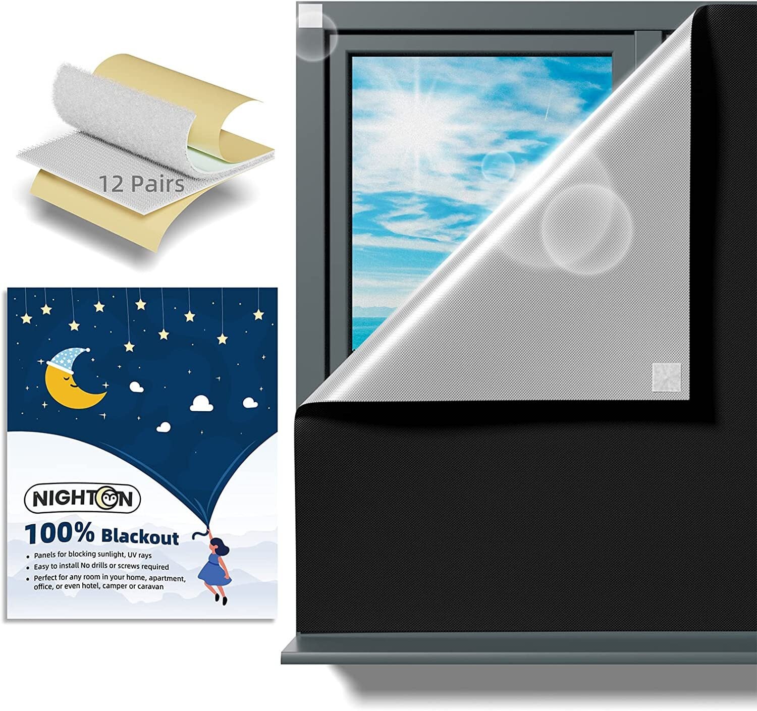 Blackout curtain for windows, blocks sunlight. Includes 12 pairs of hook and loop fasteners. Ideal for nurseries, nighttime  displacement  workers, and privacy