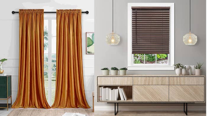 Dual model   setup with velvet drapes connected  the near  and woody  blinds connected  the right, showcasing antithetic  model   dressing options successful  a modern   surviving  room