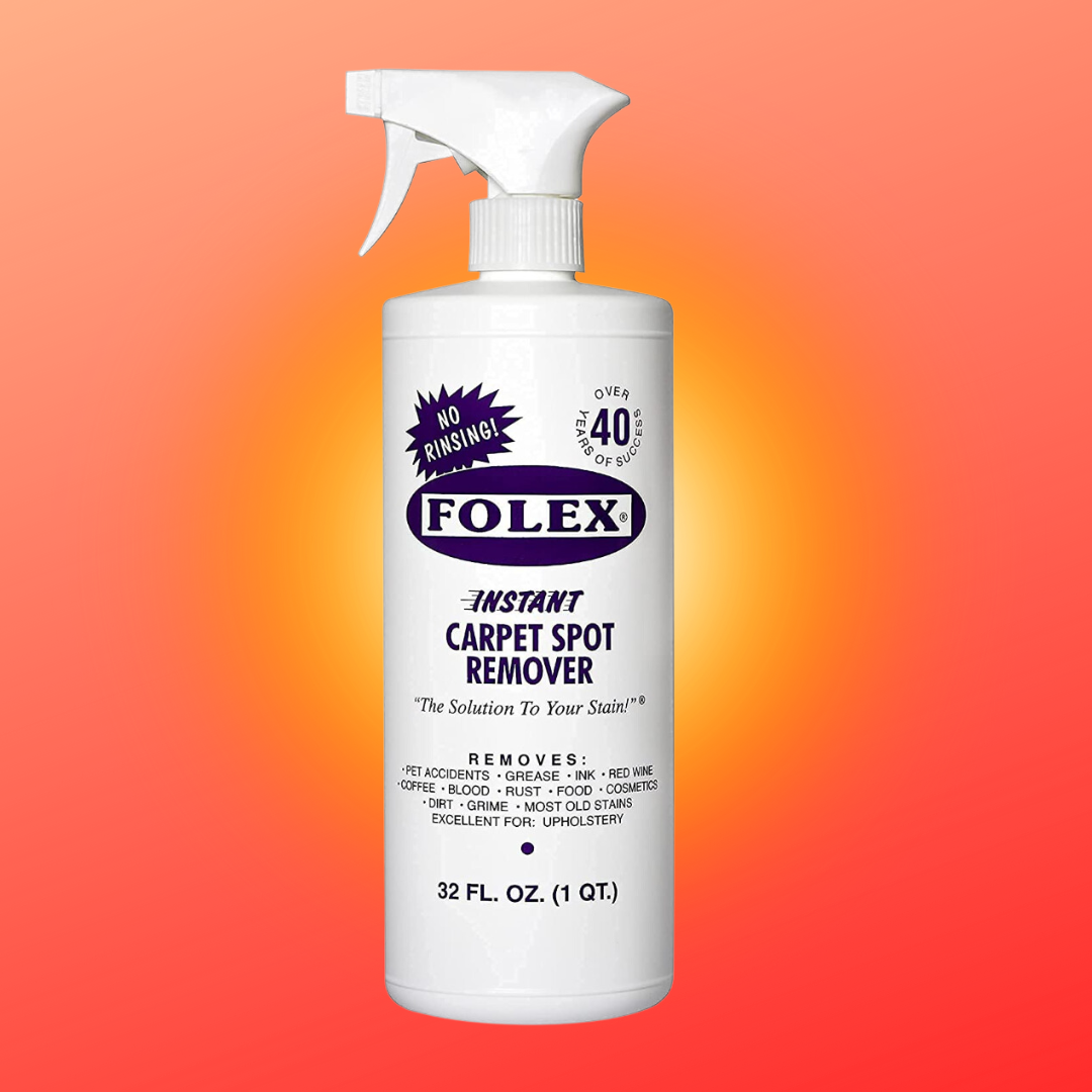Folex Instant Carpet Spot Remover vessel with spray nozzle connected a gradient background. Labeled arsenic perfect for removing assorted stains. 32 fl. oz. size