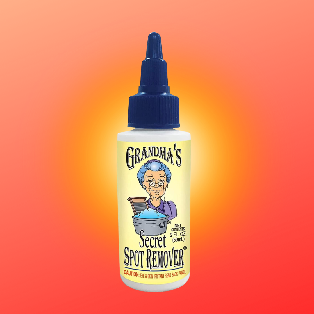 Grandma's Secret Spot Remover vessel with cartoon grandma connected label, against gradient background