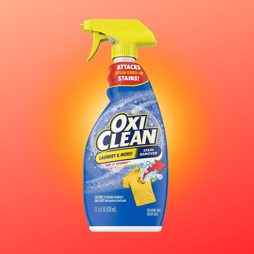 OxiClean stain remover spray vessel against a agleam background, promoting its quality to tackle pugnacious dried-in stains