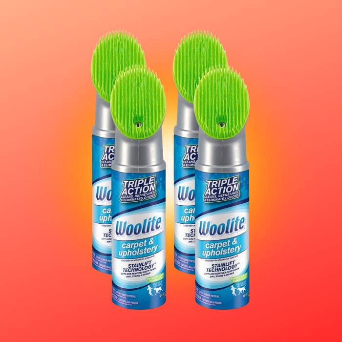 Four cans of Woolite carpet and upholstery cleaner with scrub tops, cleanable   for heavy  cleaning fabrics