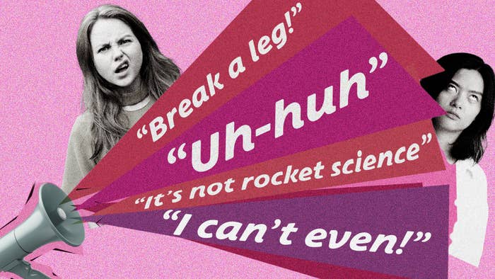 A collage of expressions like &quot;Break a leg!&quot; and &quot;Uh-huh&quot; emitted from a megaphone, with two people reacting in confusion