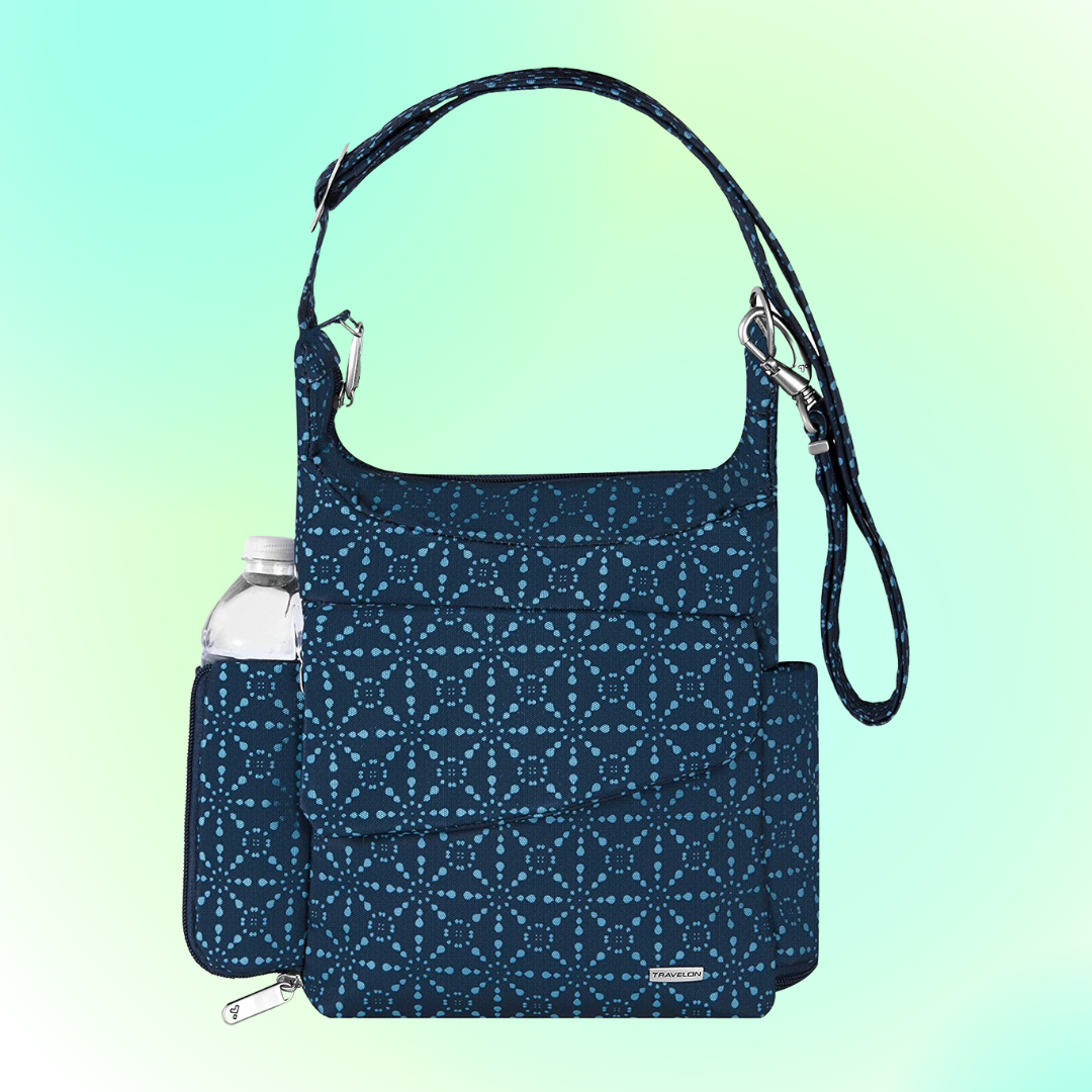 Stylish quilted handbag with a geometric pattern, featuring a broadside  pouch  holding a h2o  bottle, showcased for a buying  article