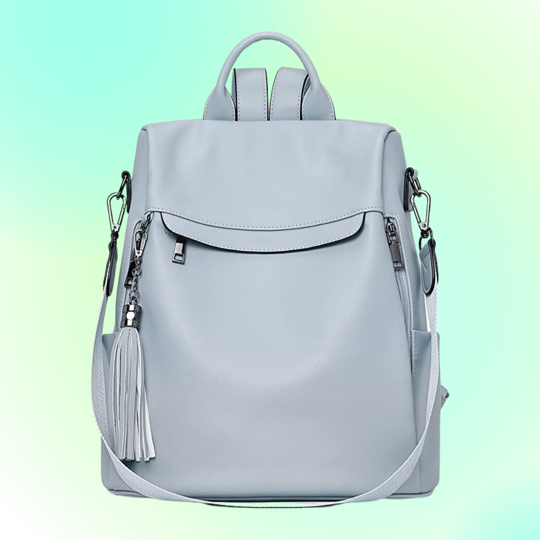 Stylish backpack with tassel accent, featuring aggregate  zippers and adjustable straps, displayed connected  a gradient background