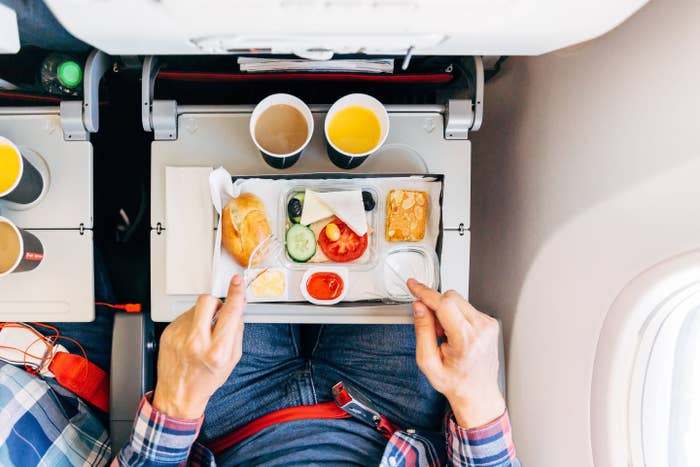 Overhead view of an airplane meal