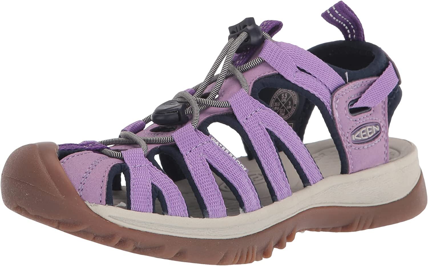 Close-up of a single purple Keen sandal with straps and a protective toe cap