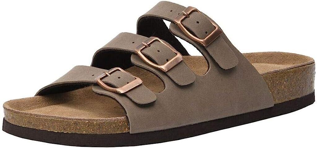 Side view of a pair of buckle-fastened sandals with a contoured footbed
