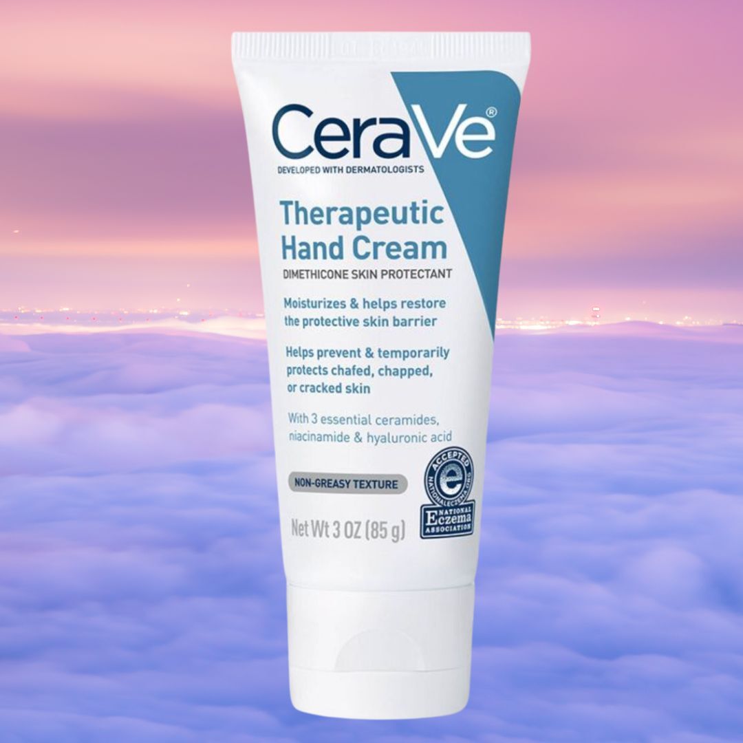 CeraVe Therapeutic Hand Cream tube against a serene cloud background. Promotes moisturized, protected, and healed skin with essential ceramides, niacinamide, and hyaluronic acid