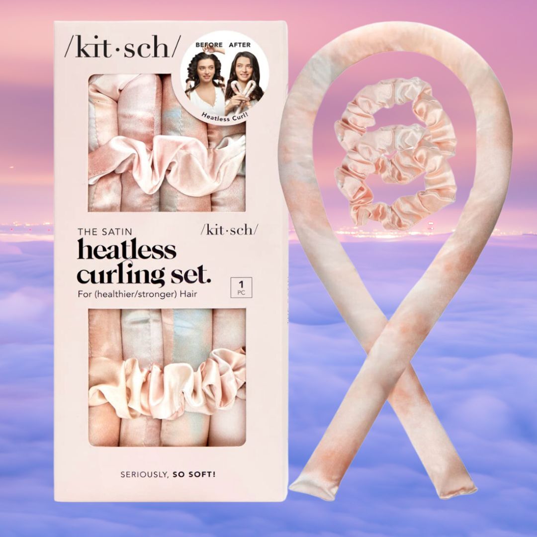 Kitsch Heatless Curling Set box with an image showing &quot;before and after&quot; results of heatless curls, promoting healthier, stronger hair. Contains curling ribbon and scrunchie