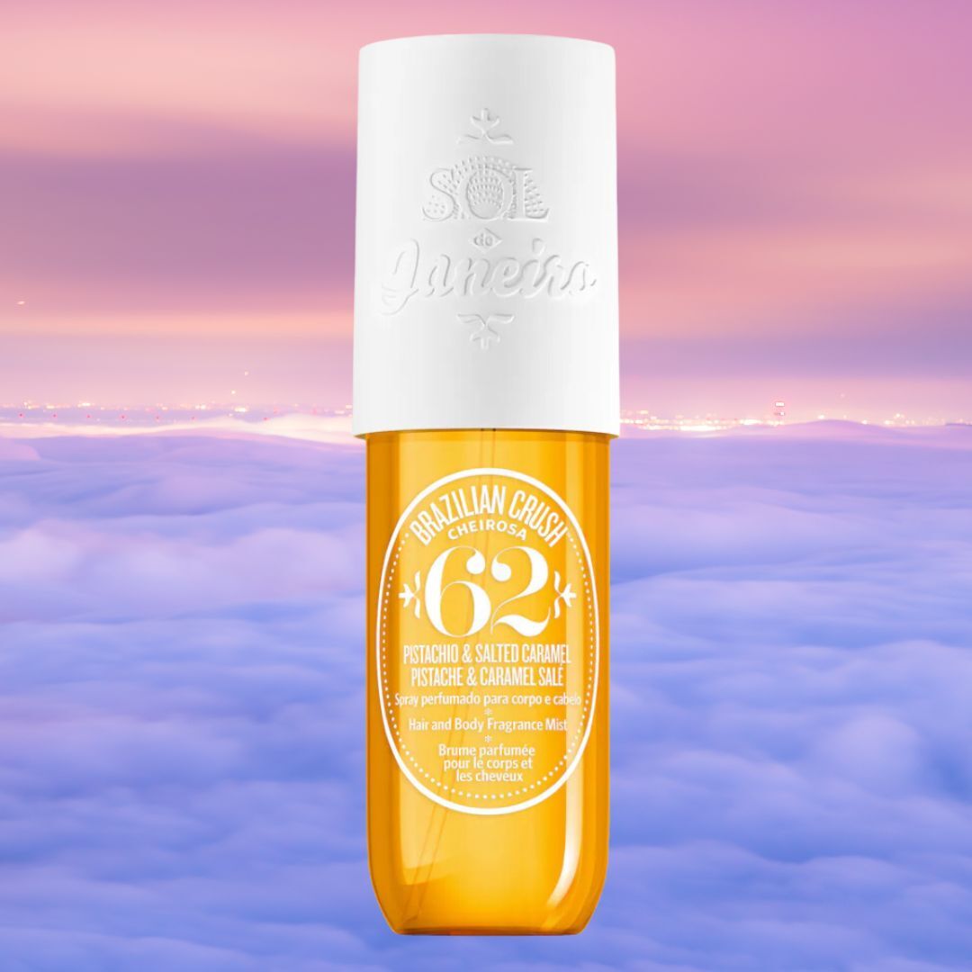 Sol de Janeiro Brazilian Crush Cheirosa &#x27;62 is a hair and body fragrance mist with a pistachio and salted caramel scent, shown against a cloudy backdrop