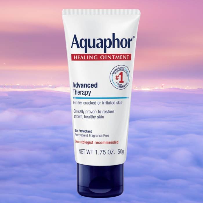 Aquaphor Healing Ointment, Advanced Therapy for dry, cracked, or irritated skin, 1.75 oz tube on a background of clouds