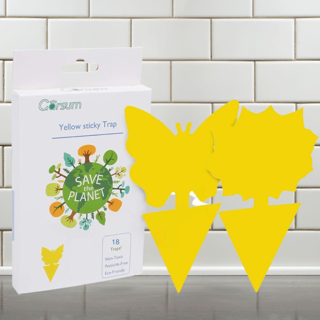 Corsum yellowish  sticky traps for pest control, featuring butterfly and angiosperm  shapes. Box highlights eco-friendly, non-toxic, and pesticide-free