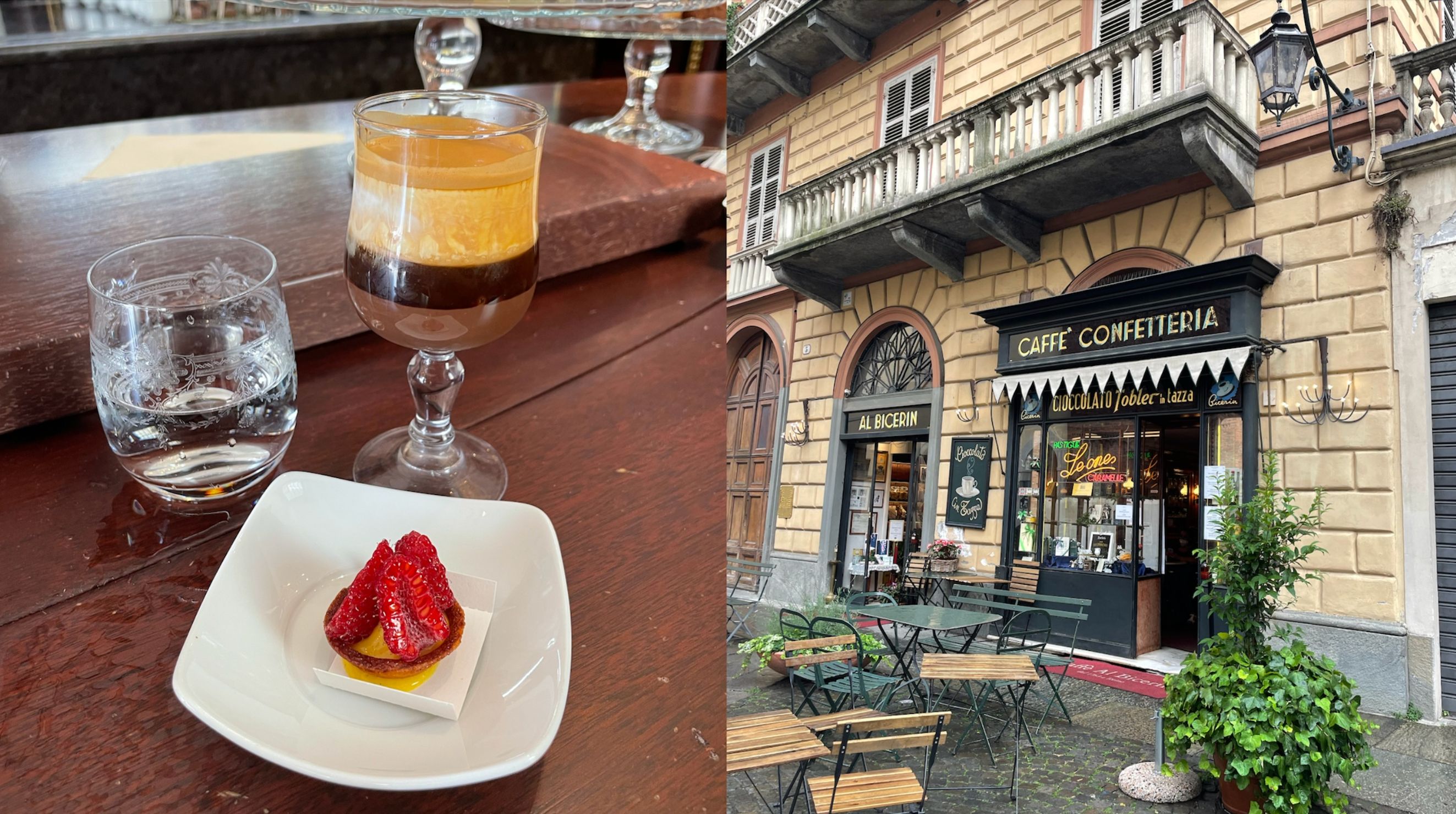 From left: A bicerin and a fruit tart at Farmacia del Cambio, and the exterior of the historic Caffè Al Bicerin