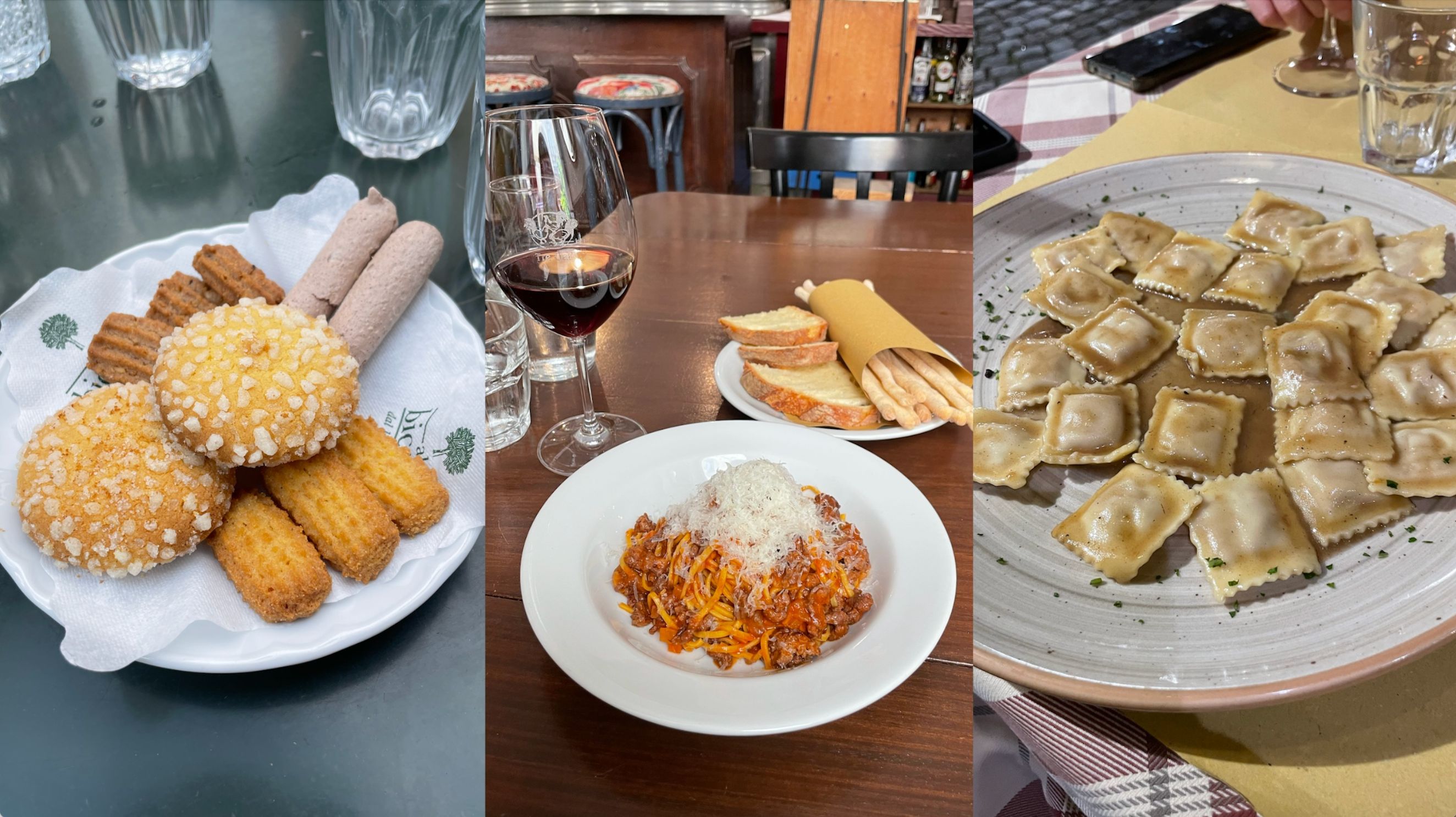 From left: assorted Piedmontese cookies, tajarin with meat sauce and agnolotti