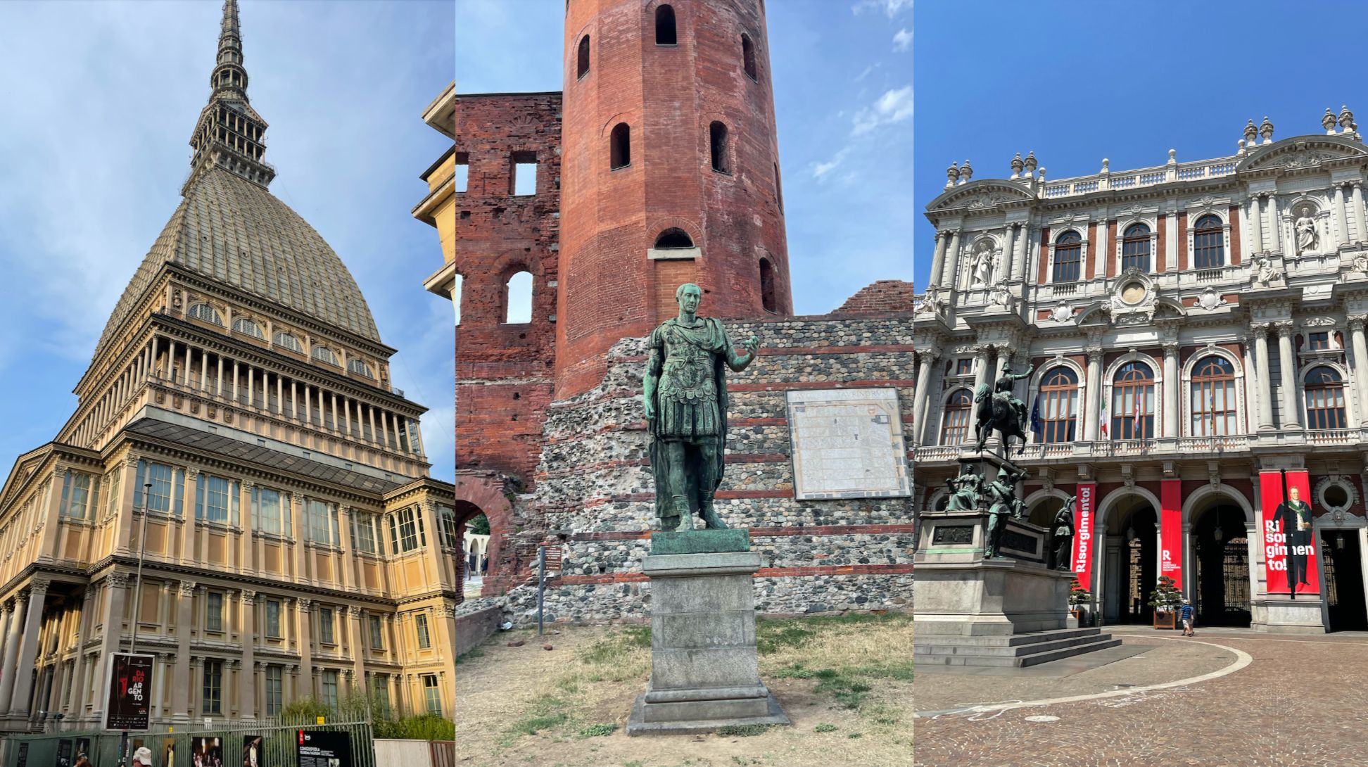 The image shows three distinct landmarks: the Mole Antonelliana in Turin, a statue in front of ancient ruins, and the facade of the Royal Palace of Turin