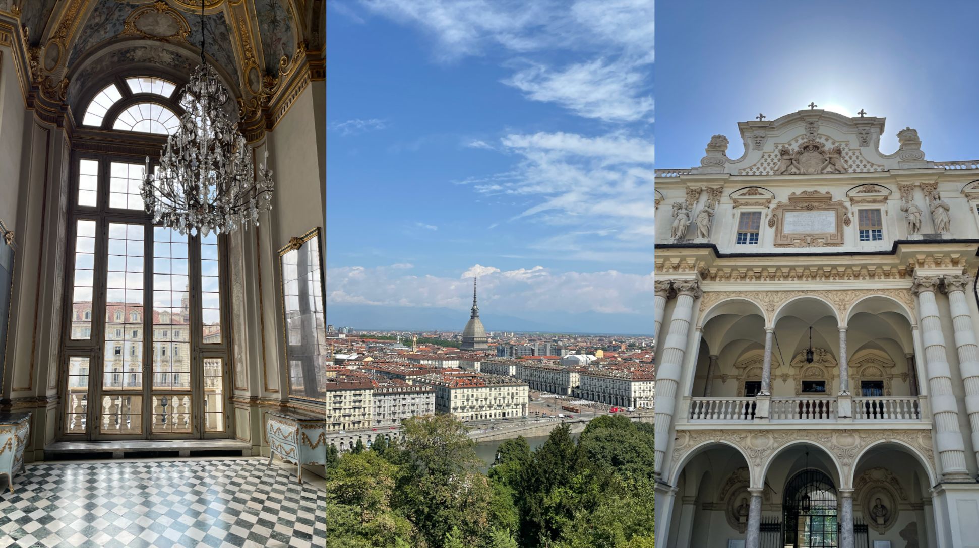 Three-panel image displaying: a grand interior room with a large window and chandelier, a cityscape with a prominent tower, and an ornate building facade with columns