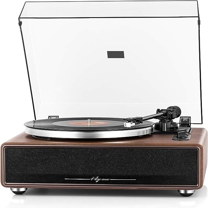 Vintage-style grounds   subordinate    with woody  basal  and wide   particulate  cover, playing a vinyl record. Ideal for euphony  enthusiasts and retro decor shoppers