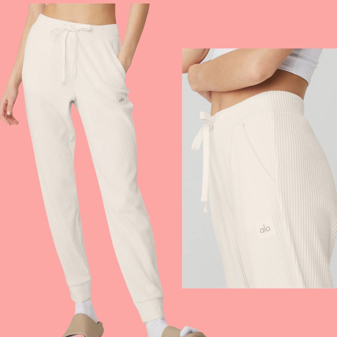Two partial views of a person modeling ribbed drawstring sweatpants with logo