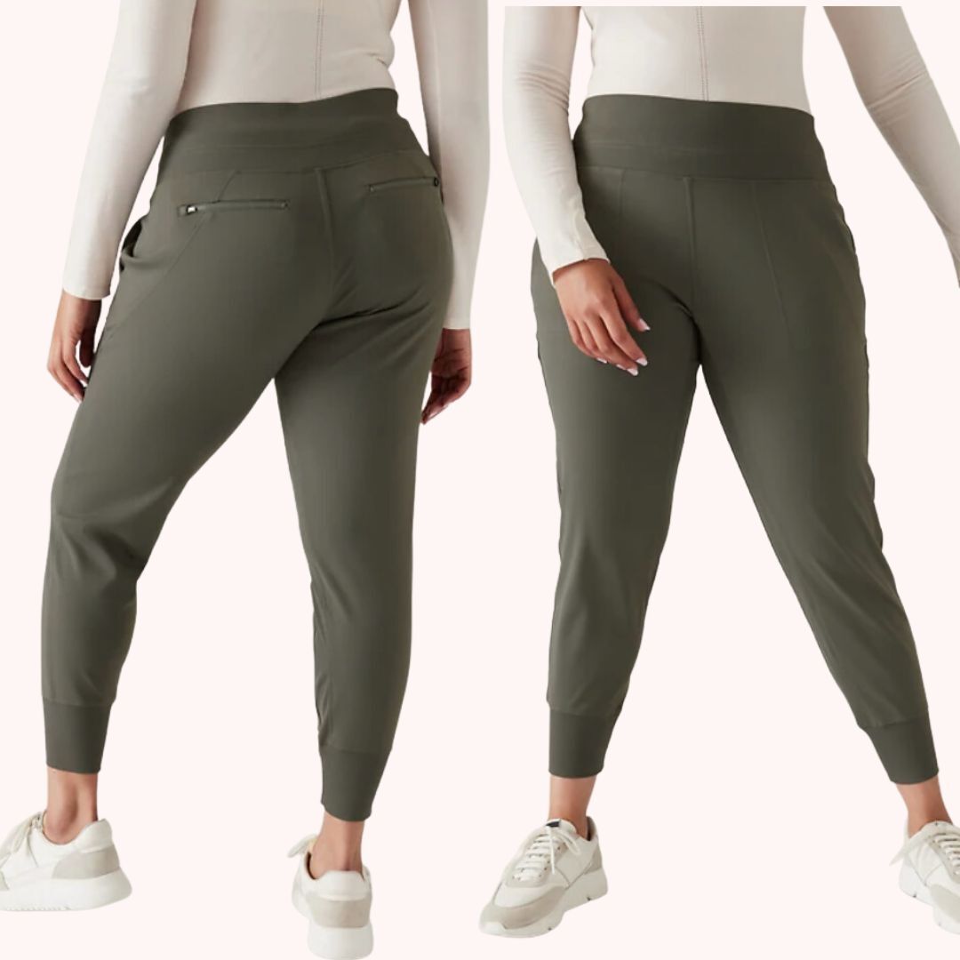 Two poses of a person modeling olive joggers and white sneakers, focus on fit and design details
