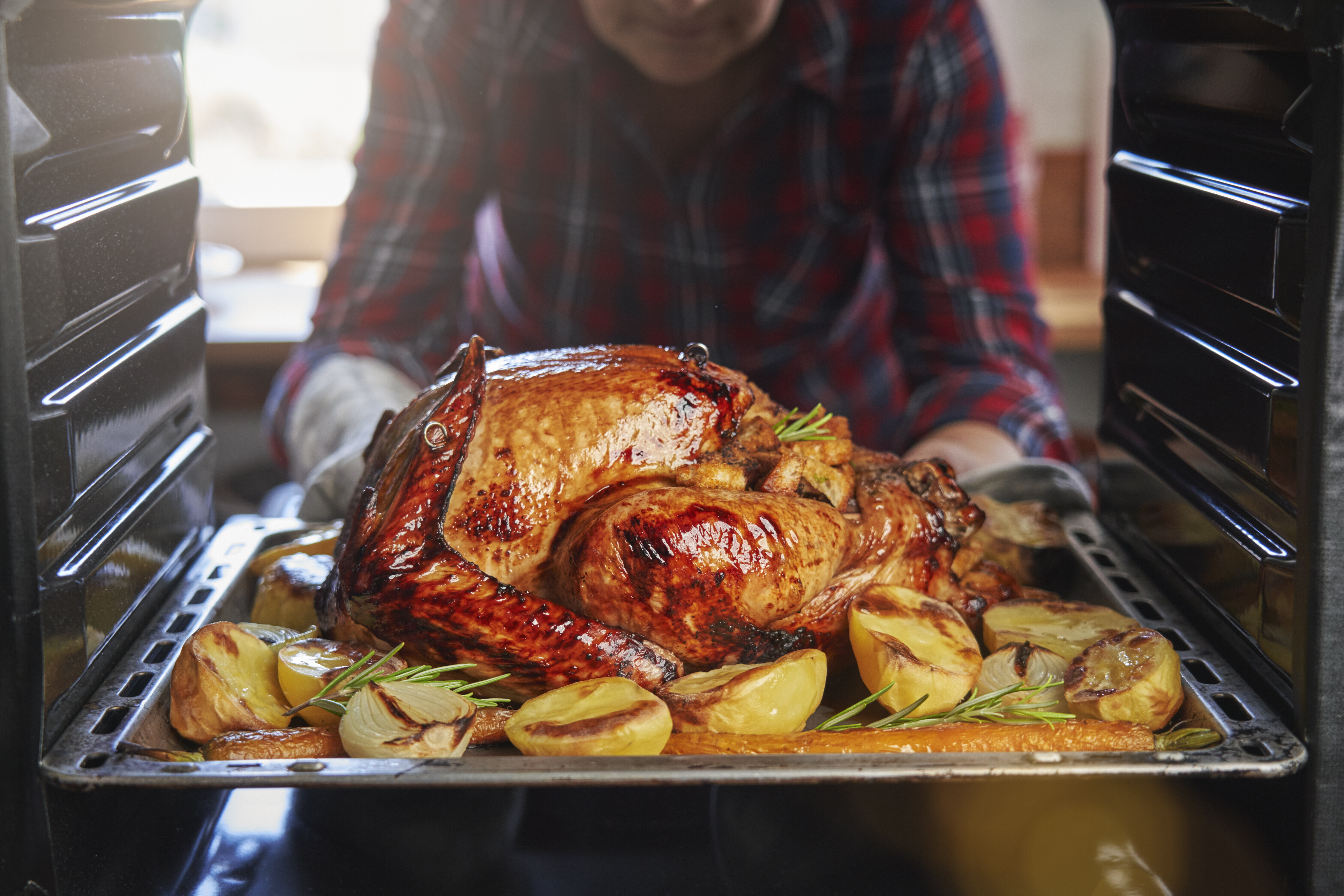 pulling a cooked turkey out of the oven