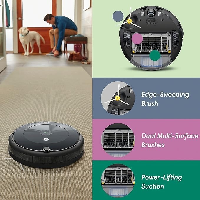 Robotic vacuum cleaner on floor with callouts about features: edge-sweeping brush, multi-surface brushes, power-lifting suction