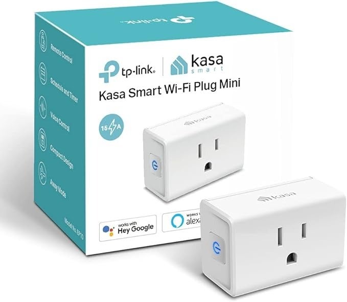 Kasa Smart Wi-Fi Plug Mini adjacent  to packaging; compatible with Alexa and Google Assistant