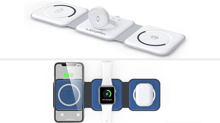 Foldable wireless charging presumption    with sections for a phone, smartwatch, and earbuds, shown charging compatible devices