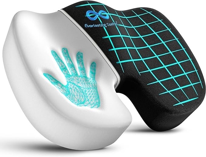 Ergonomic seat cushion with hand imprint design and grid pattern on the cover