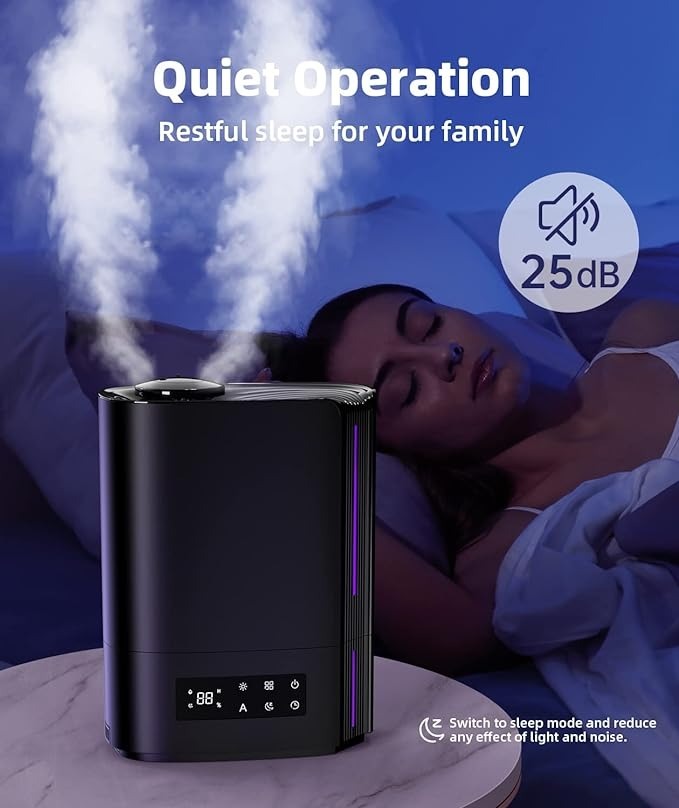 The humidifier emitting mist aside a sleeping model