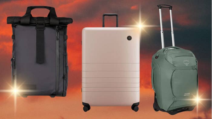 Three different styles of travel bags displayed against a sunset sky backdrop