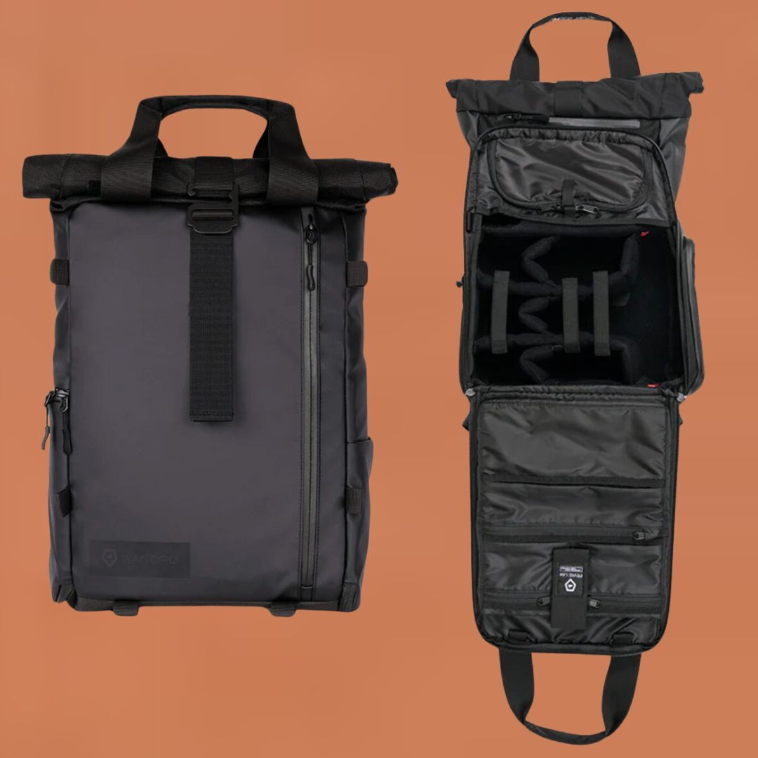 Dark backpack displayed closed from the front and open from the side showing compartments