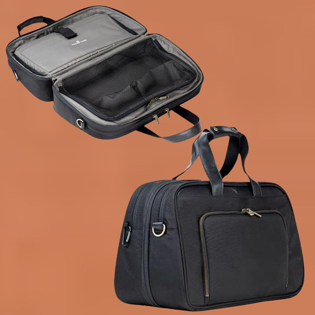 Open black laptop bag above a similar style closed bag against an orange backdrop