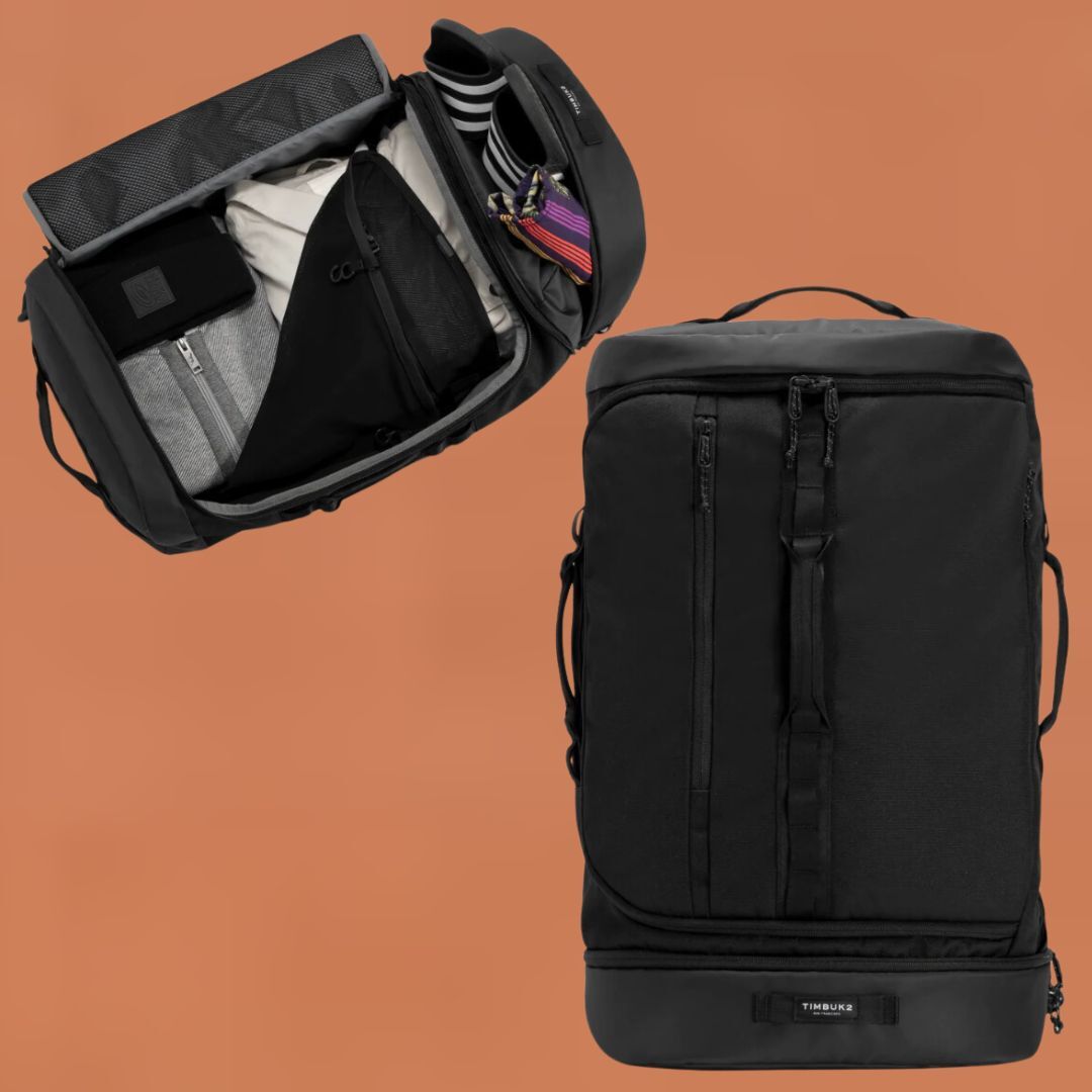 Open and closed black travel backpack with compartments displayed