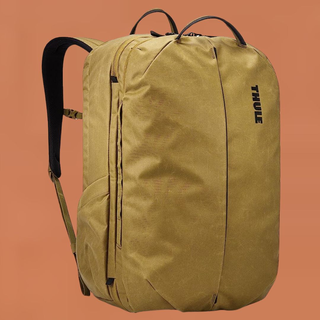 Khaki Thule backpack displayed against a solid background