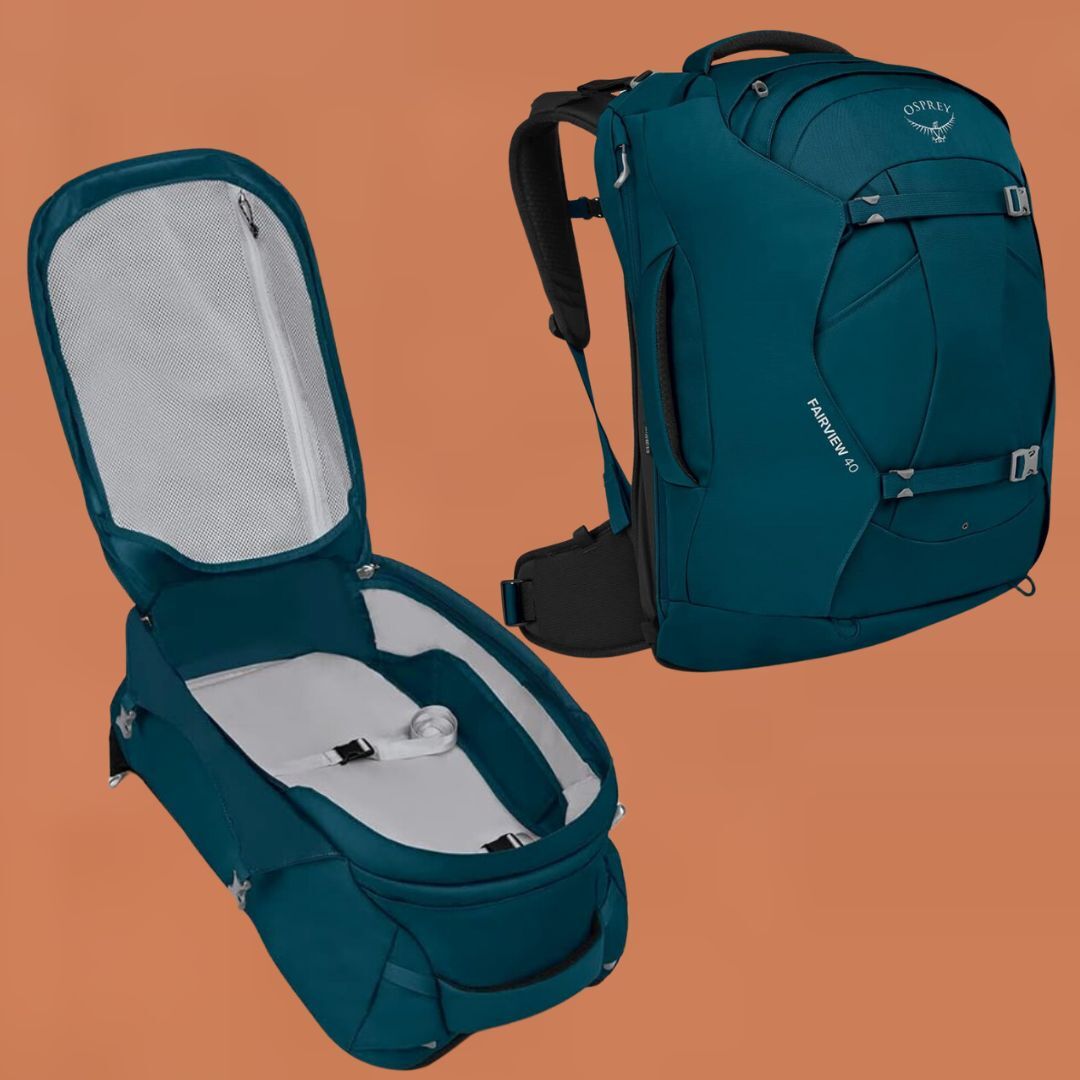 Open and closed views of the teal convertible backpack