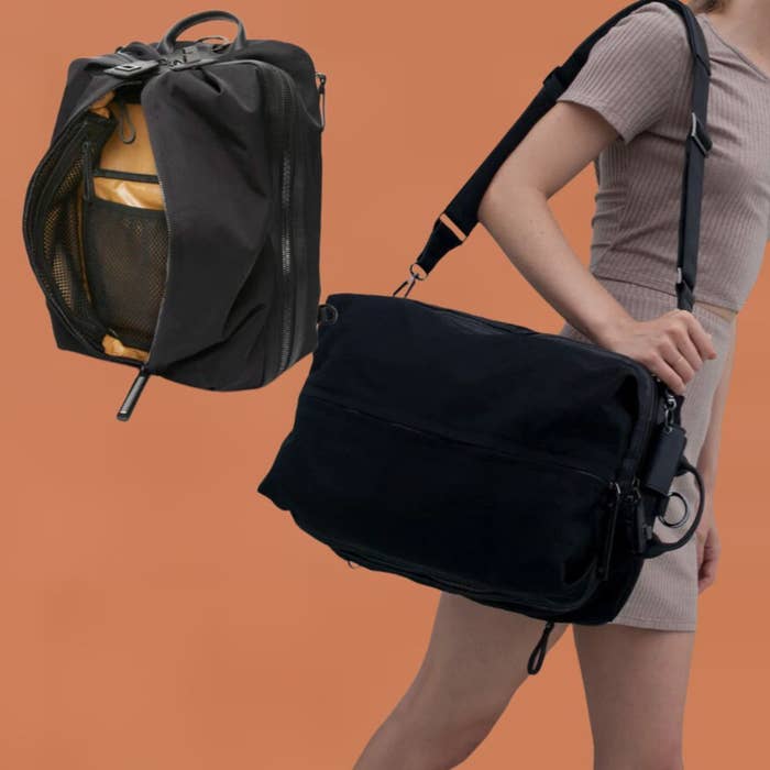 Two bags displayed, one is a mesh backpack and the other a shoulder messenger bag, against a solid background