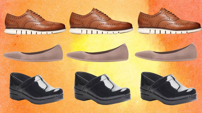 A pair of Cole Haan cushioned Oxfords, breathable knit ballet flats, and a pair of Dansko clogs