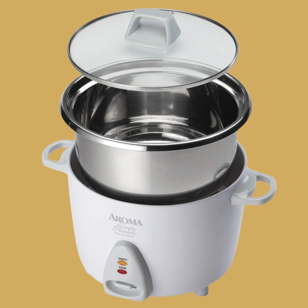 The white rice cooker with a stainless steel pot