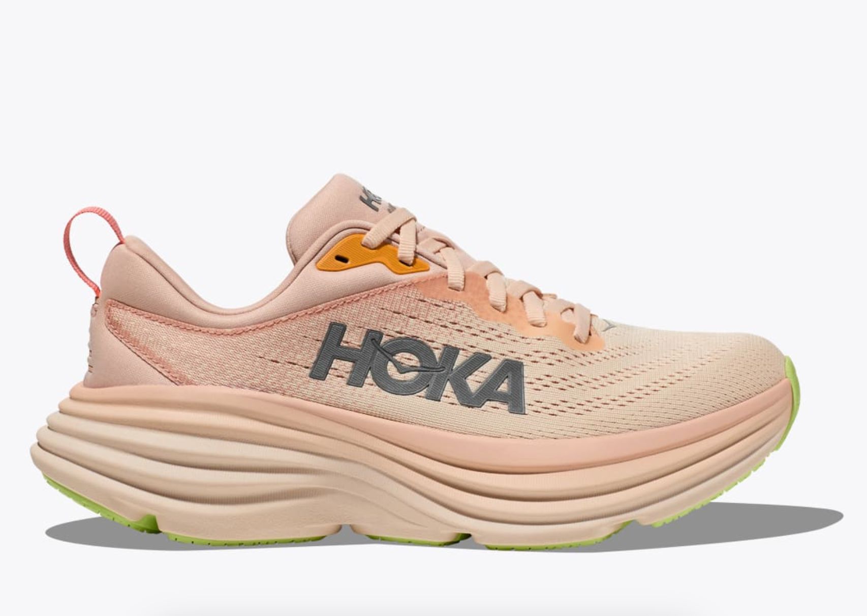 A single Hoka sneaker with a thick sole, featuring the brand logo on the side.
