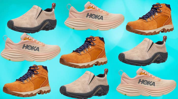 Assorted Hoka footwear models displayed against a teal background