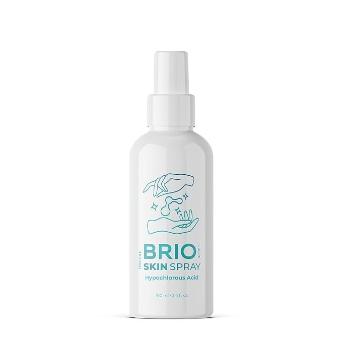 Bottle of BRIO Skin Spray with a hand logo, labeled as Hypochlorous Acid