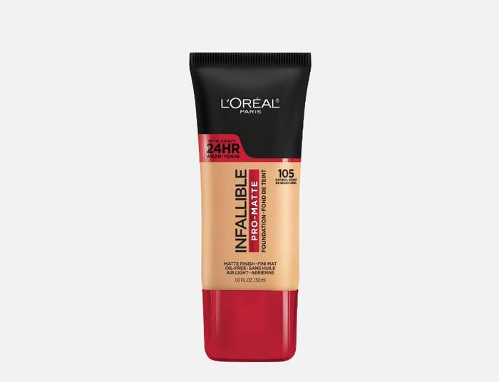 L&#x27;Oreal Paris 24HR foundation tube, with &quot;Infallible&quot; and &quot;105 Natural Beige&quot; visible on packaging