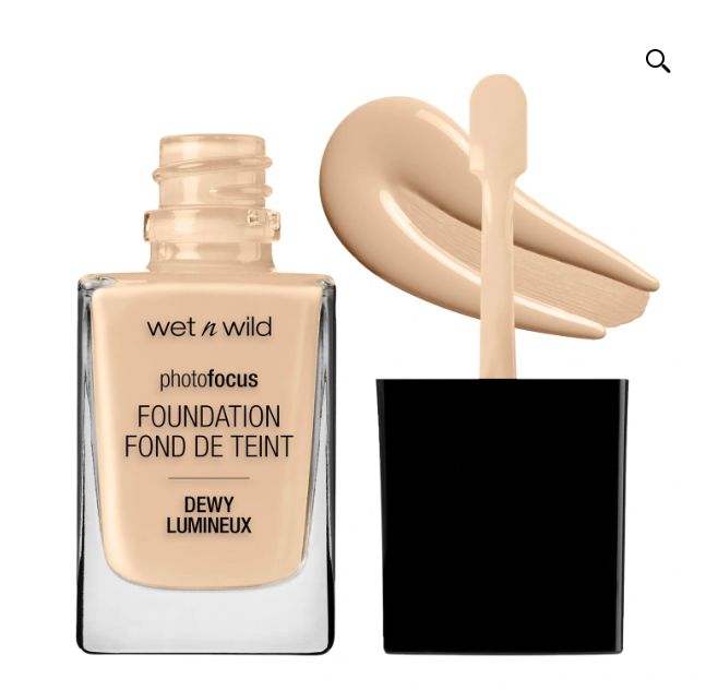 Wet n Wild photofocus foundation bottle with a dab of product on surface and black rectangular cap