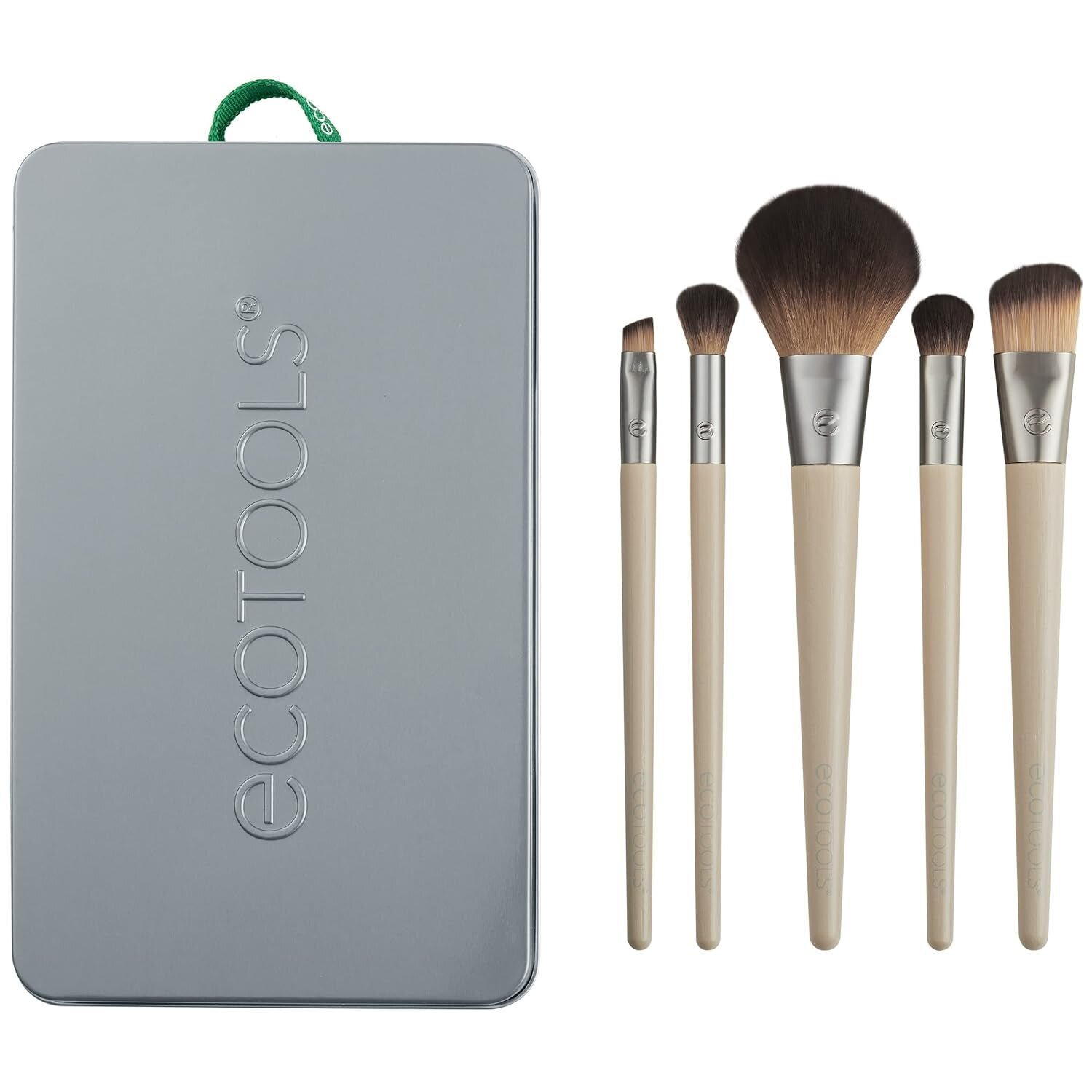 EcoTools makeup brushes set next to their gray packaging with brand logo